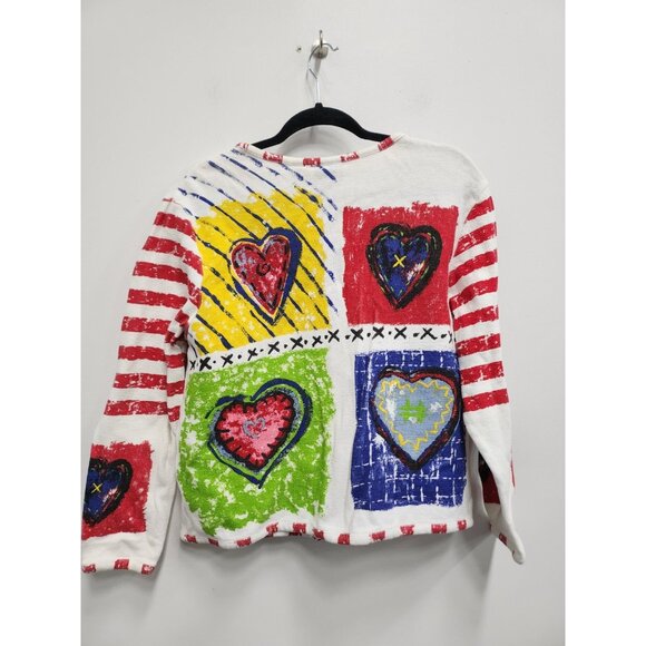 VTG 90s Sportelle Womens Wearable Art Cardigan Medium Heart Print Button Front - Picture 8 of 9